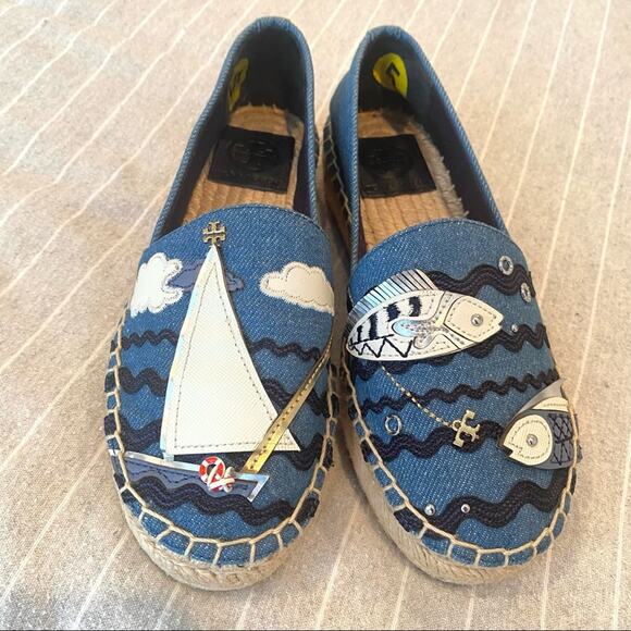 Tory Burch Slip On Platform Espadrille Shoes Sailing Coastal NEW Blue Womens 5 - Picture 4 of 12